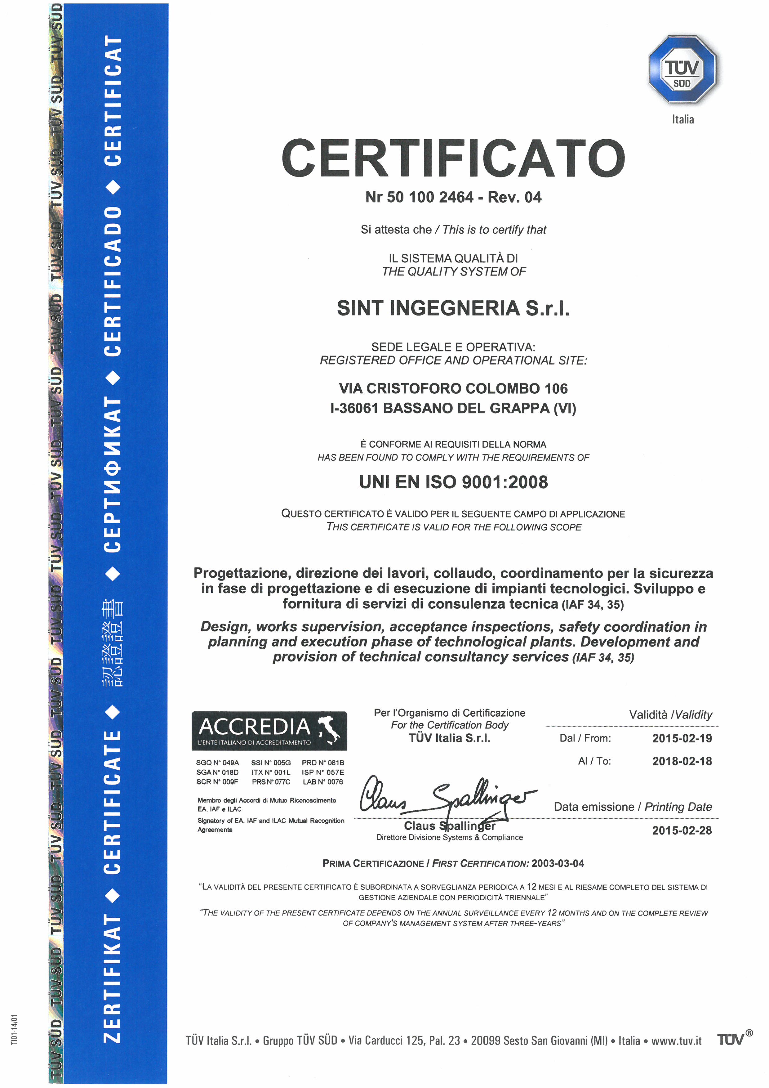 SINT TUV 2015 Certificate